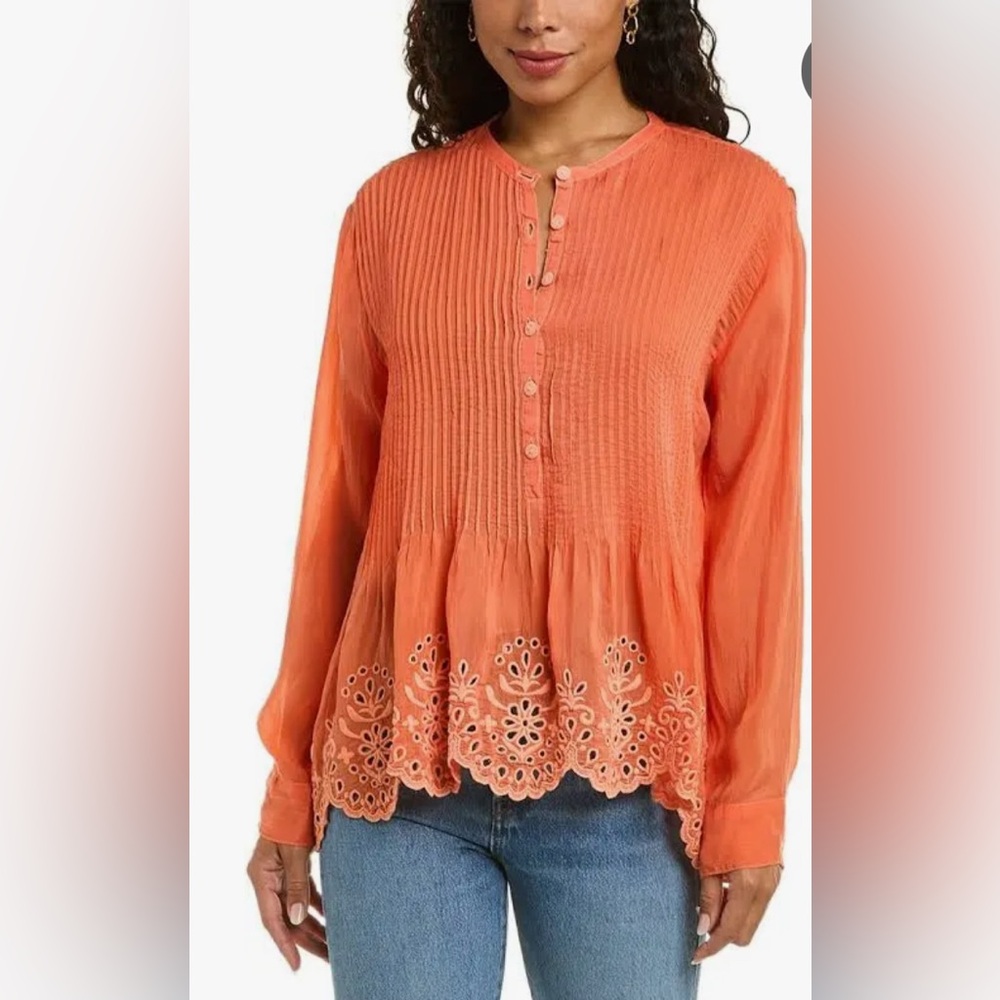 JOHNNY WAS Leonie Pintuck Embroidered Bohemian style blouse Salmon color Size M